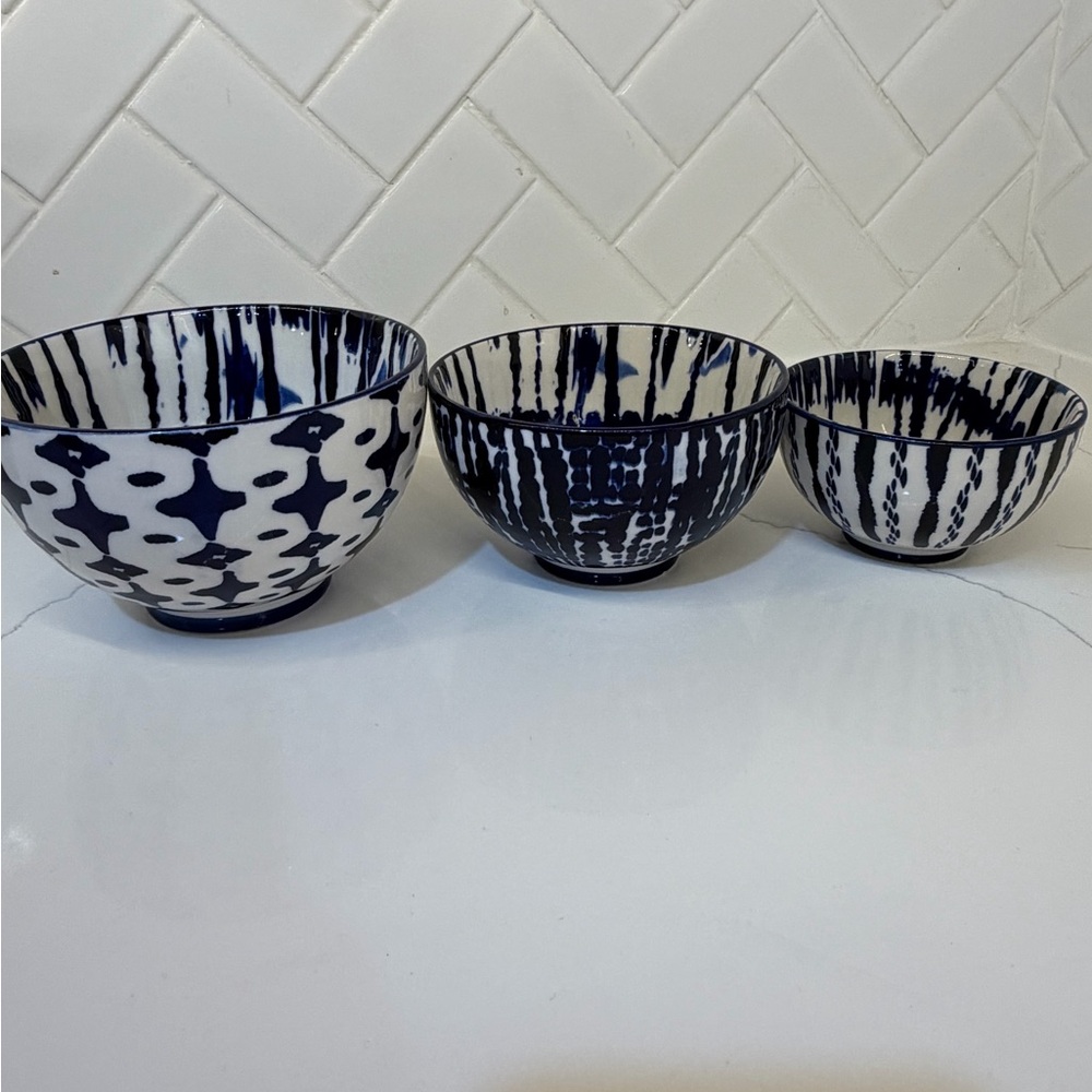 West Elm Indigo and White Ceramic Bowl Trio